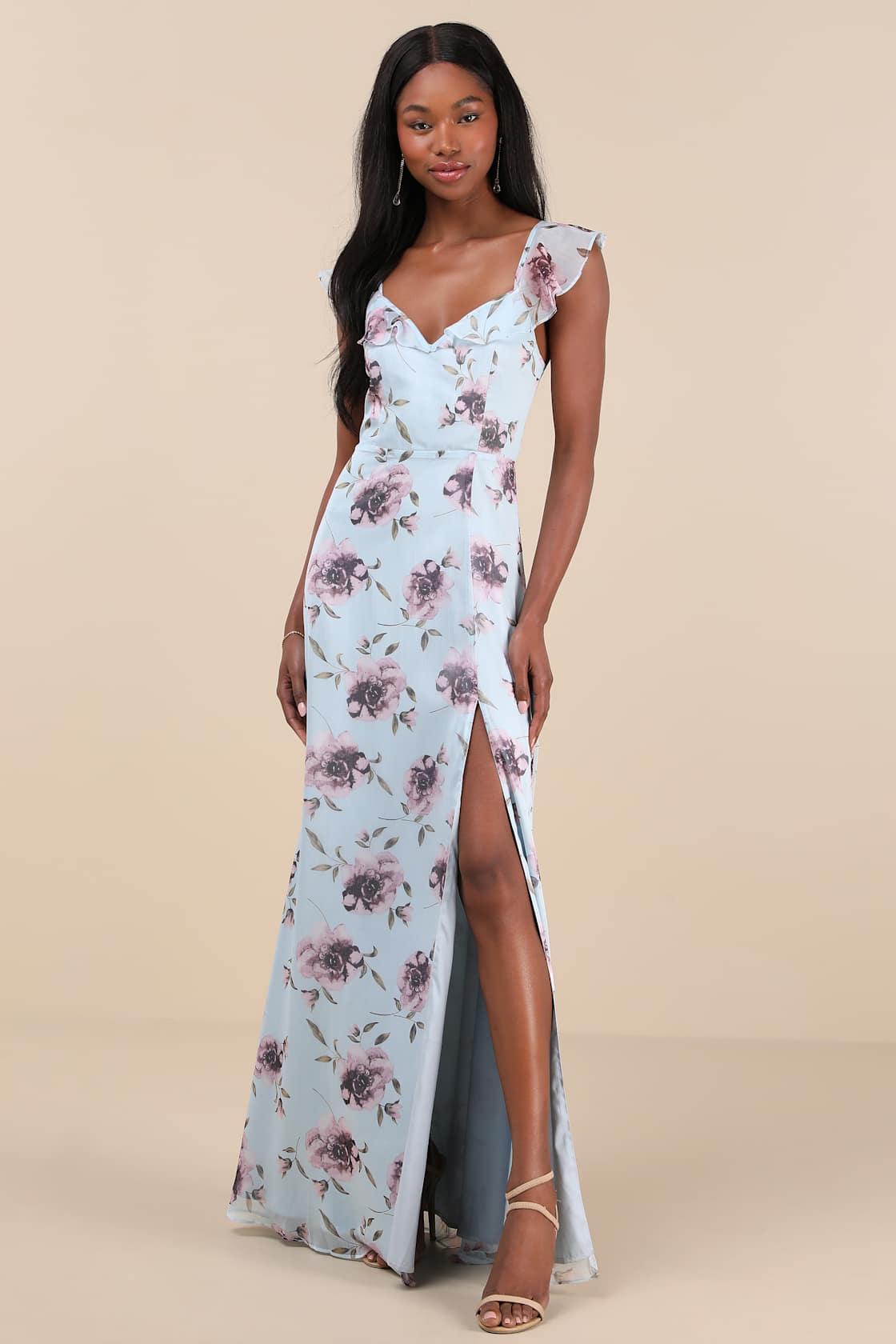 Sweetest Entrance Light Blue Floral Ruffled Tie-Back Maxi Dress Product Image