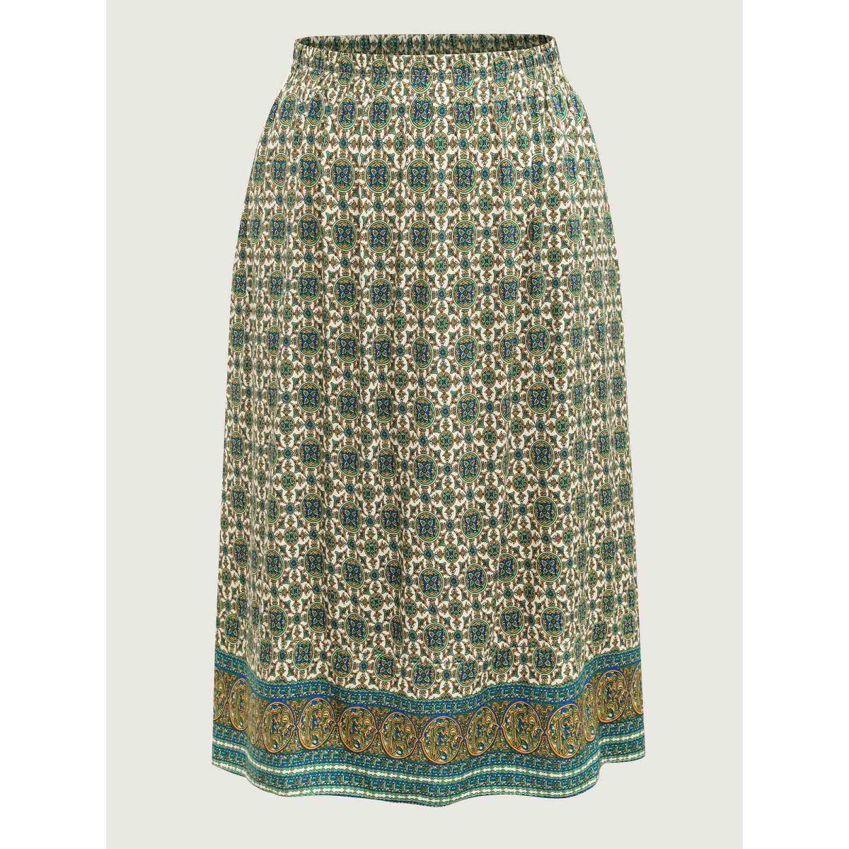 Plus Size Breezy Boho Print Stretchy Maxi Skirt Women Emerald Loose No stretch Side seam pocket Vacation Skirts BloomChic 14-16/1X Product Image