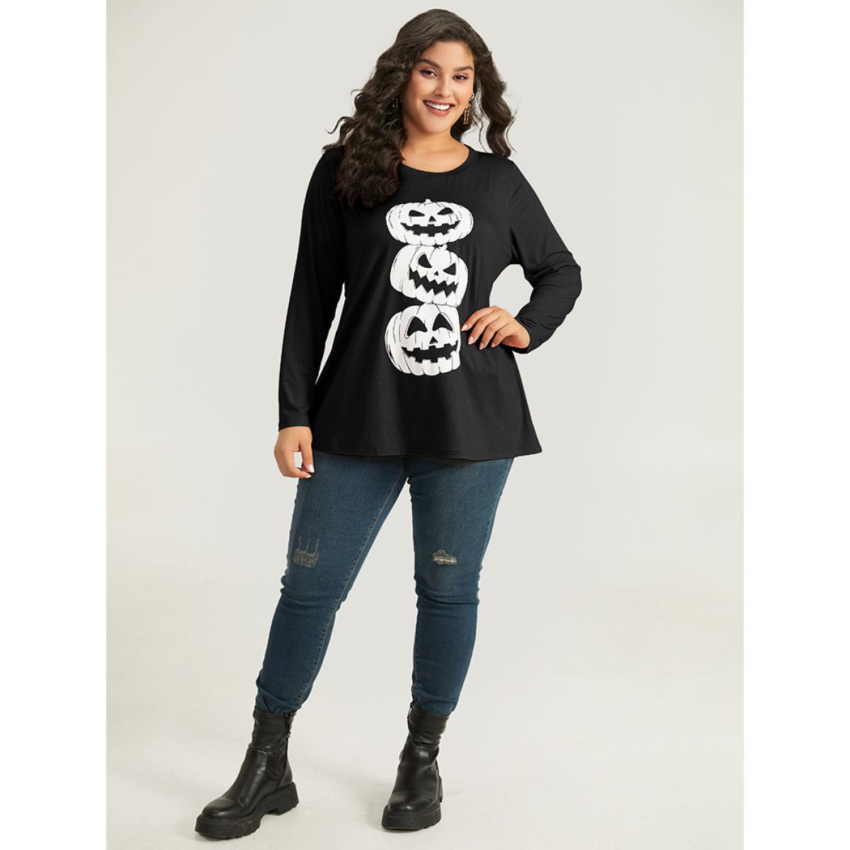 Plus Size Halloween Three Pumpkin Print Crew Neck T-shirt Black Women Casual Printed Halloween Festival-Halloween T-shirts BloomChic 28/5X Product Image