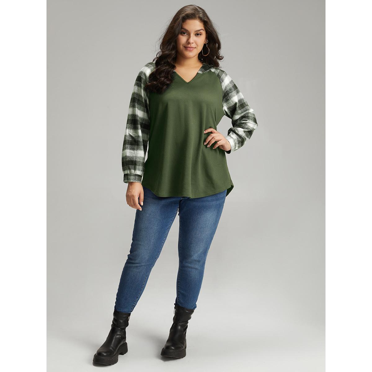 Plus Size Plaid Print Hooded Patchwork Sweatshirt Women ArmyGreen Casual Patchwork Hooded Everyday Sweatshirts BloomChic 30/6X Product Image