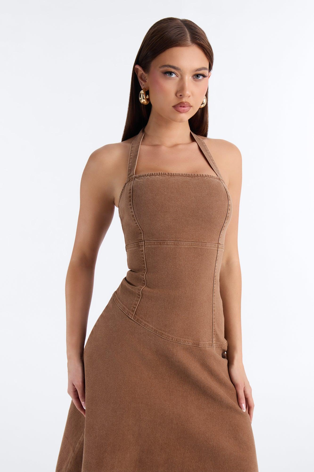 Carina Asymmetrical Denim Midi Dress - Chocolate Female Product Image