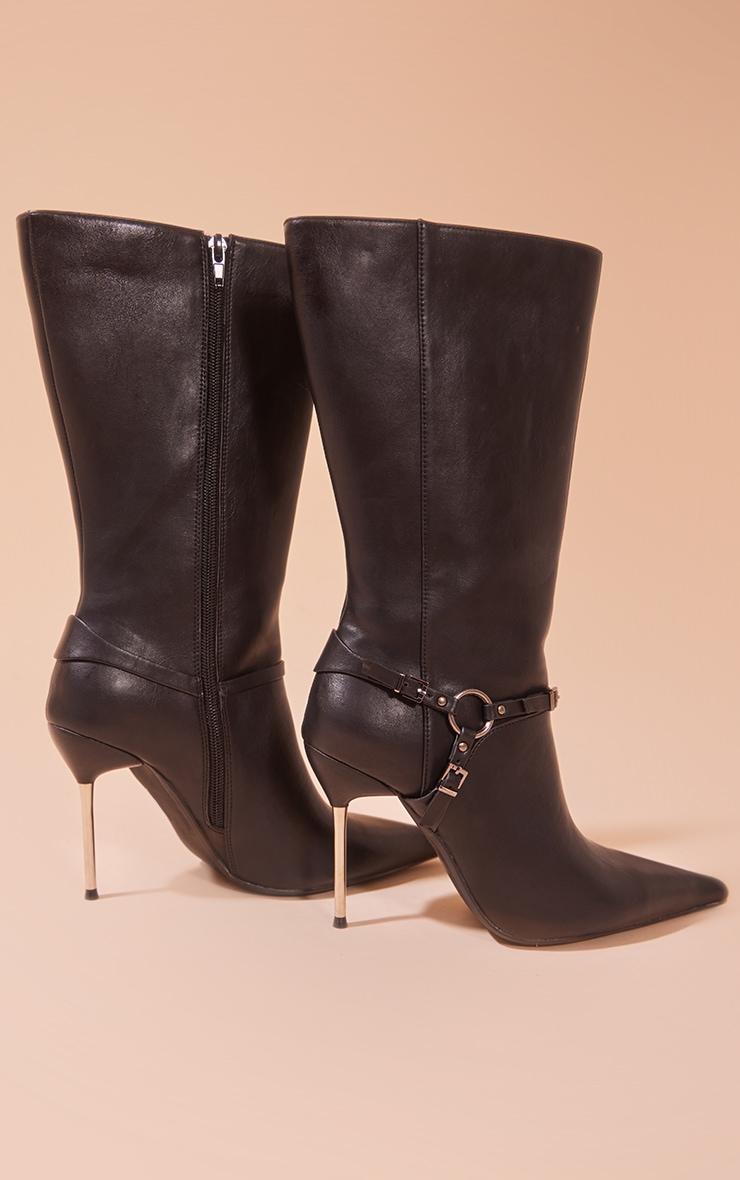 Black Faux Leather Point Toe Buckle Strap Heeled Calf High Boots Product Image
