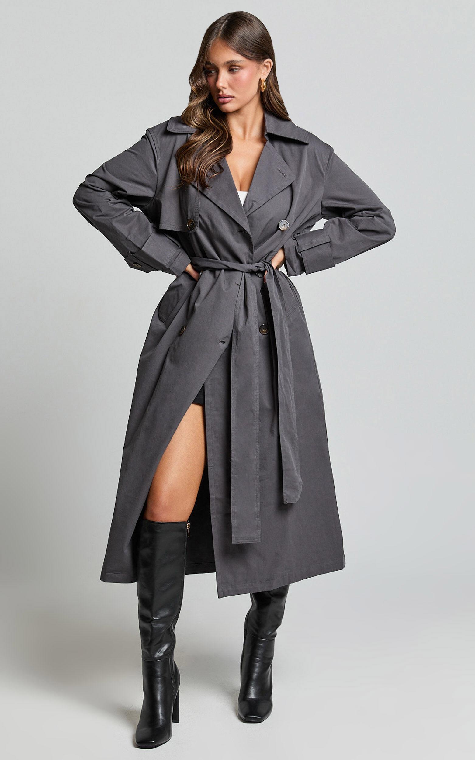 Avah Trench Coat - Double Breasted Tie Waist Coat in Charcoal Product Image