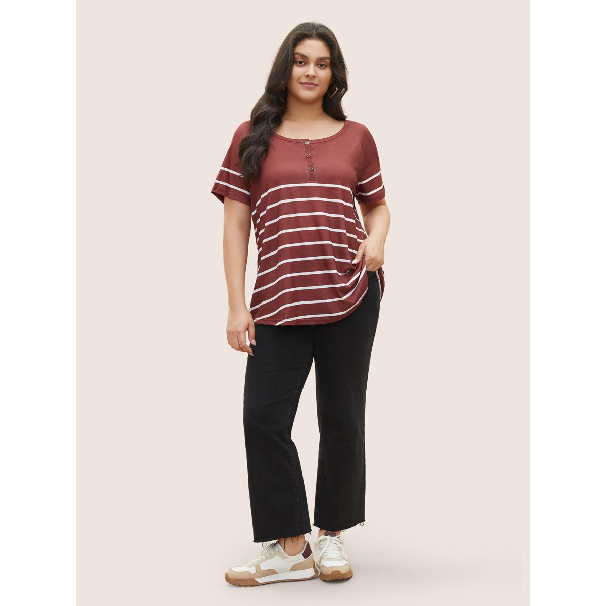 Plus Size Striped Print Raglan Sleeve Button Up T-shirt Burgundy Women Casual Contrast Striped Round Neck Everyday T-shirts BloomChic 26/4X Product Image