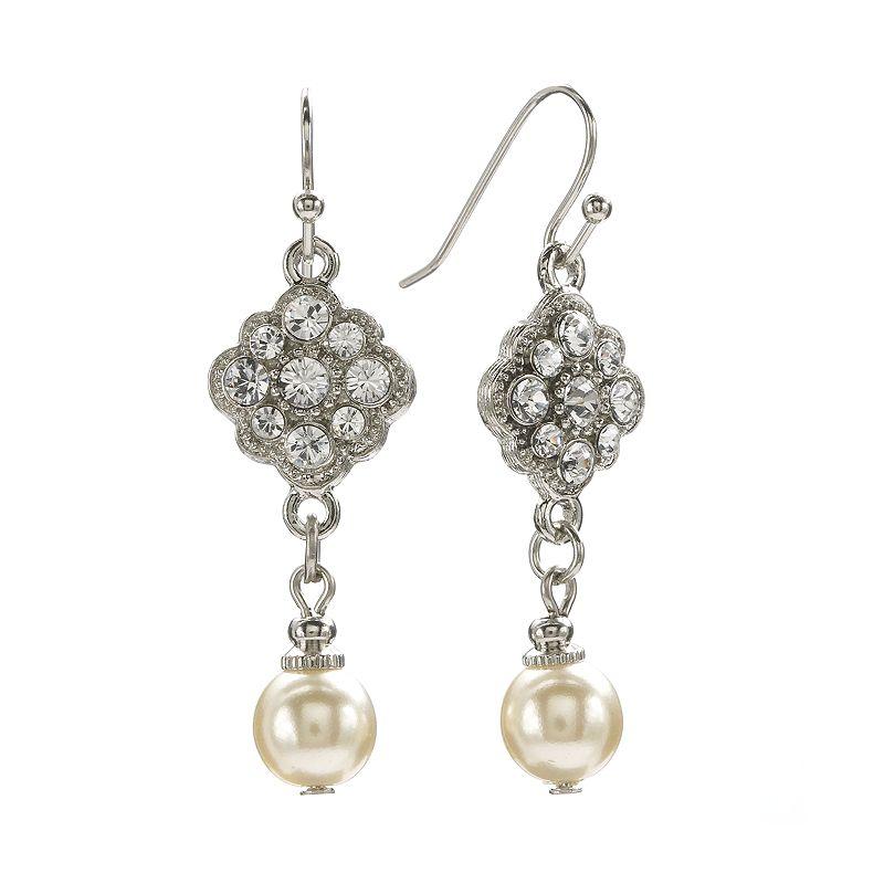 1928 Silver Tone Crystal & Simulated Pearl Drop Earrings, Women's, Grey Product Image