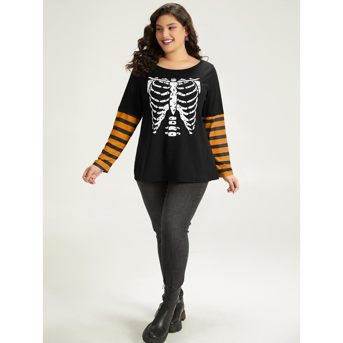 Plus Size Halloween Striped & Skull Print Patchwork T-shirt Orange Women Casual Printed Halloween Festival-Halloween T-shirts BloomChic 26/4X Product Image