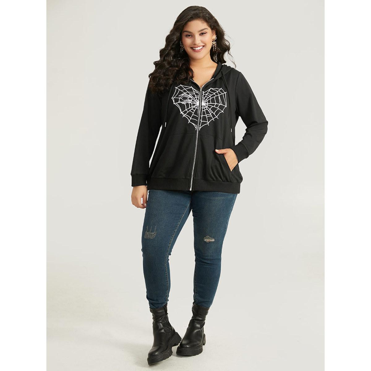 Plus Size Halloween Spider Web Print Pocket Zipper Sweatshirt Women Black Casual Elastic cuffs Festival-Halloween Sweatshirts BloomChic 28/5X Product Image
