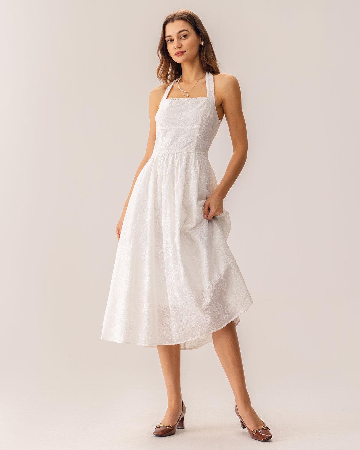 White Embroidery Halter Midi Dress Product Image