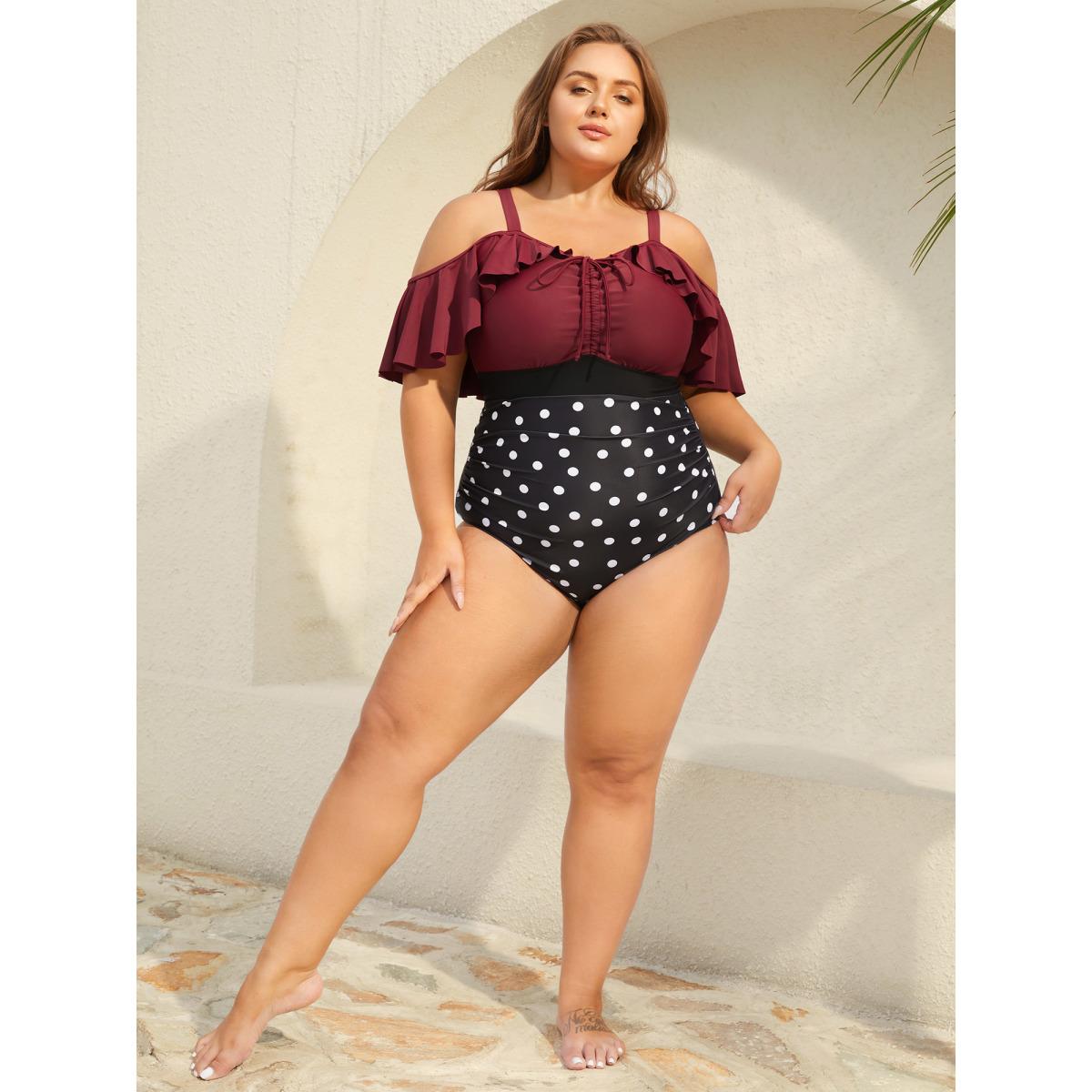 Plus Size Color Block Polka Dots One-Piece Swimsuit Women's Swimwear Deepred Beach Contrast Curve Bathing Suits High stretch One Pieces BloomChic 22-24/3X Product Image
