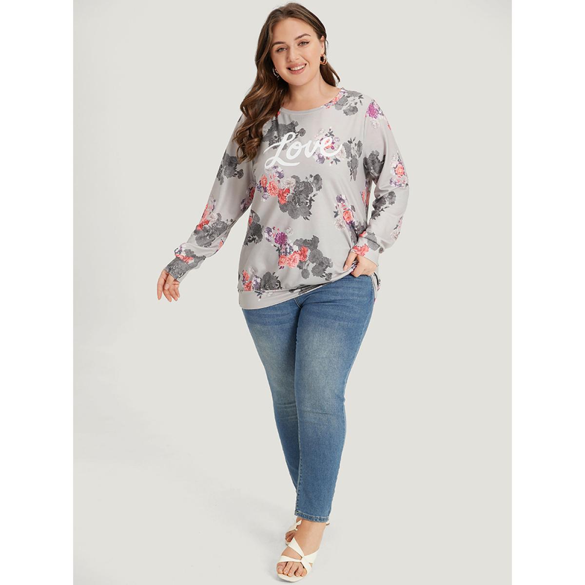 Plus Size Letter & Floral Print Crew Neck Sweatshirt Women Multicolor Elegant Printed Round Neck Dailywear Sweatshirts BloomChic 22-24/3X Product Image