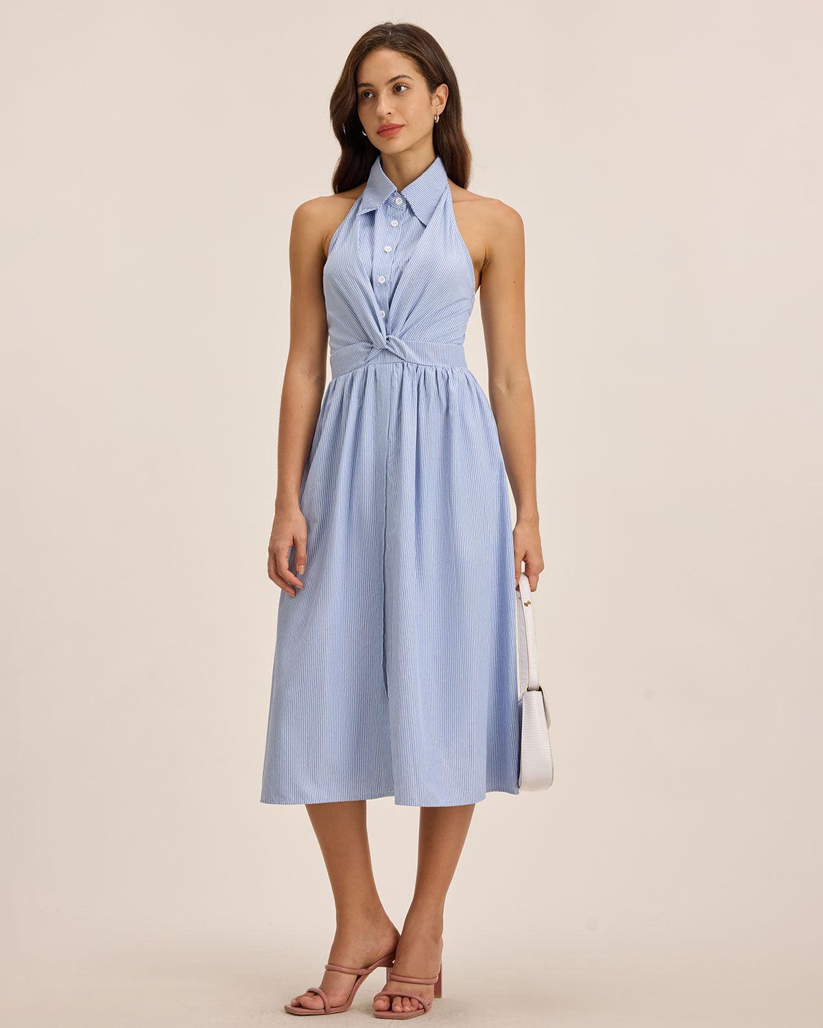 Blue Striped Twist Backless Midi Dress Product Image
