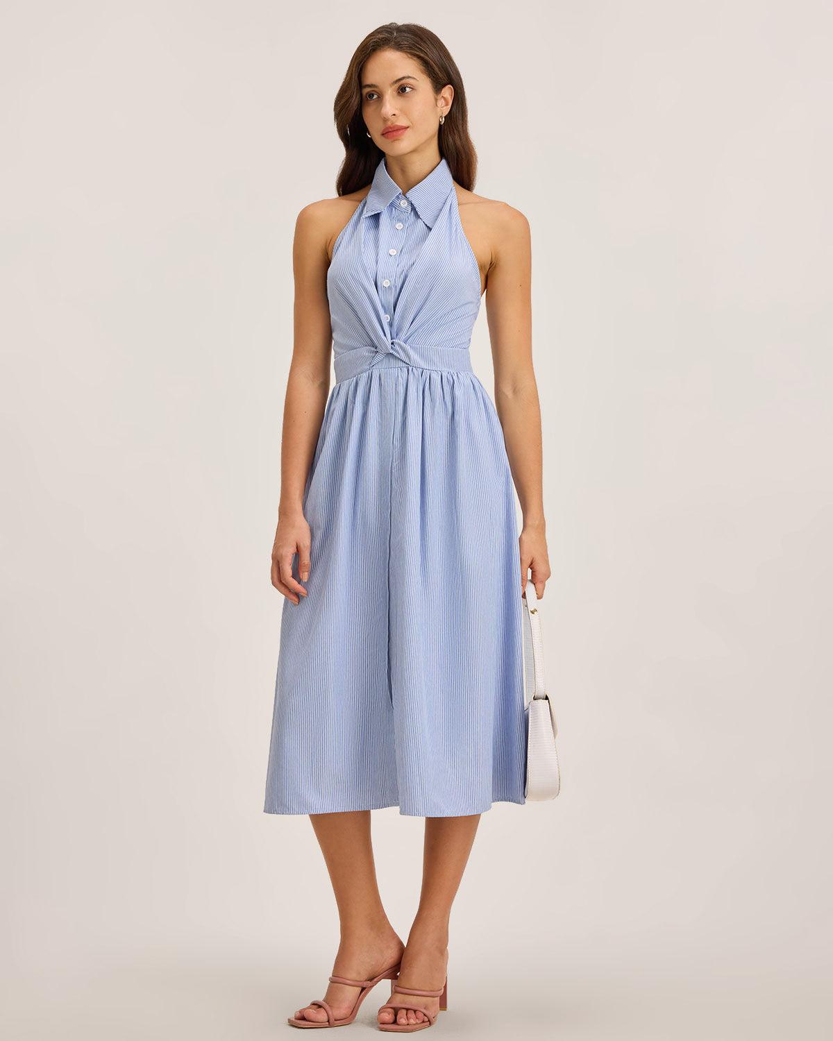 Blue Striped Twist Backless Midi Dress Product Image
