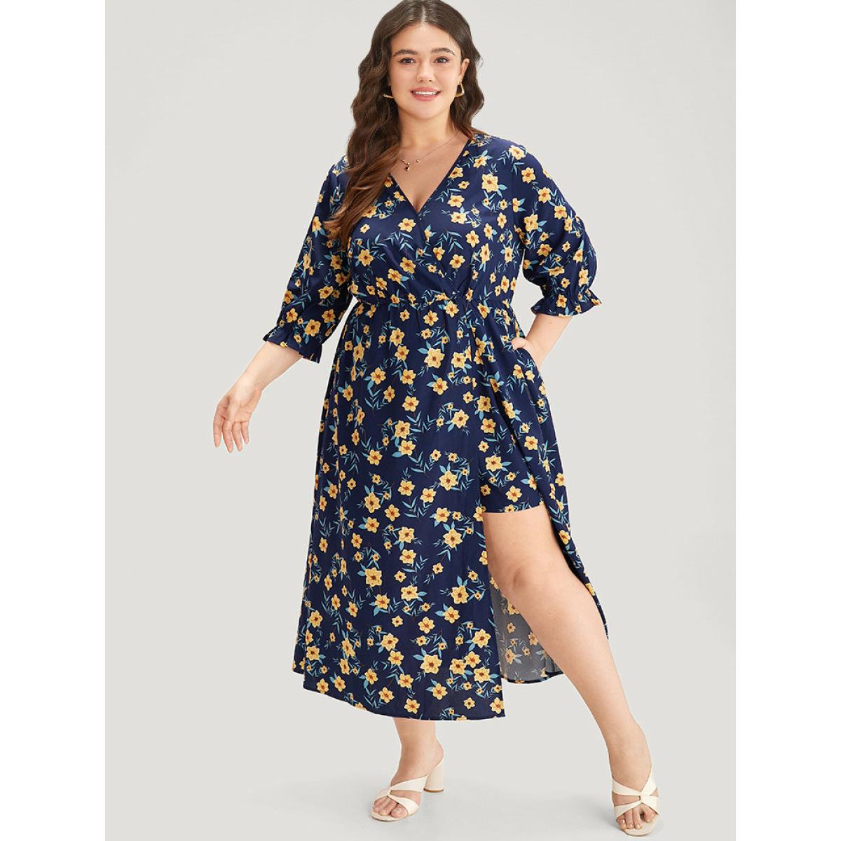 Plus Size Indigo Floral Print Pocket V Neck Wrap Split Hem Jumpsuit Women Elegant Half Sleeve V-neck Dailywear Loose Jumpsuits BloomChic 14-16/1X Product Image