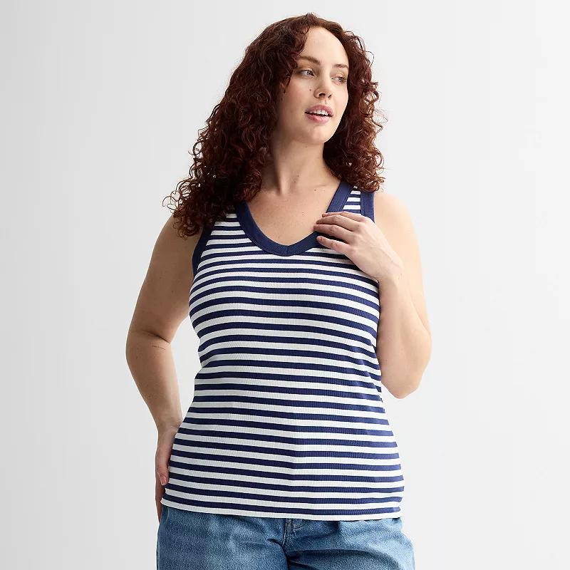 Plus Size Sonoma Goods For Life® Ribbed V-Neck Tank Top, Women's, Size: 4XL, White Navy Stripe Product Image