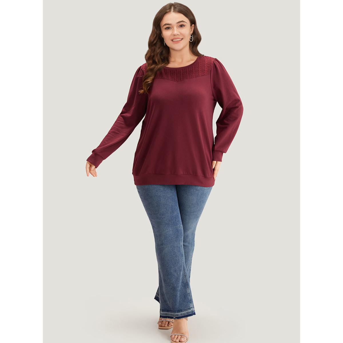 Plus Size Plain Eyelet Lace Crew Neck Sweatshirt Women Burgundy Elegant Elastic cuffs Round Neck Dailywear Sweatshirts BloomChic 26/4X Product Image