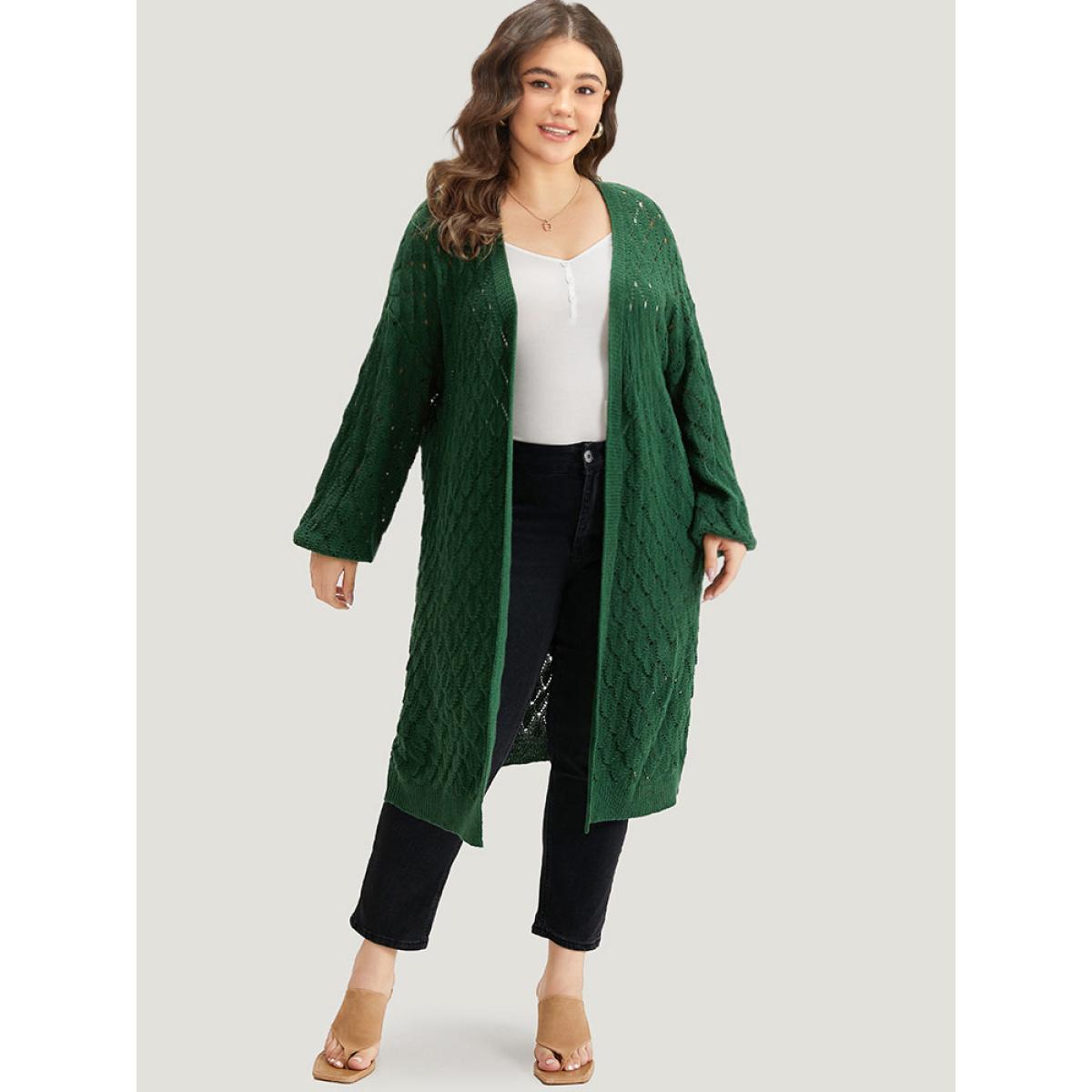 Plus Size Plain Geo Eyelet Drop Shoulder Maxi Cardigan Emerald Women Casual Loose Long Sleeve Dailywear Cardigans BloomChic 30/6X Product Image