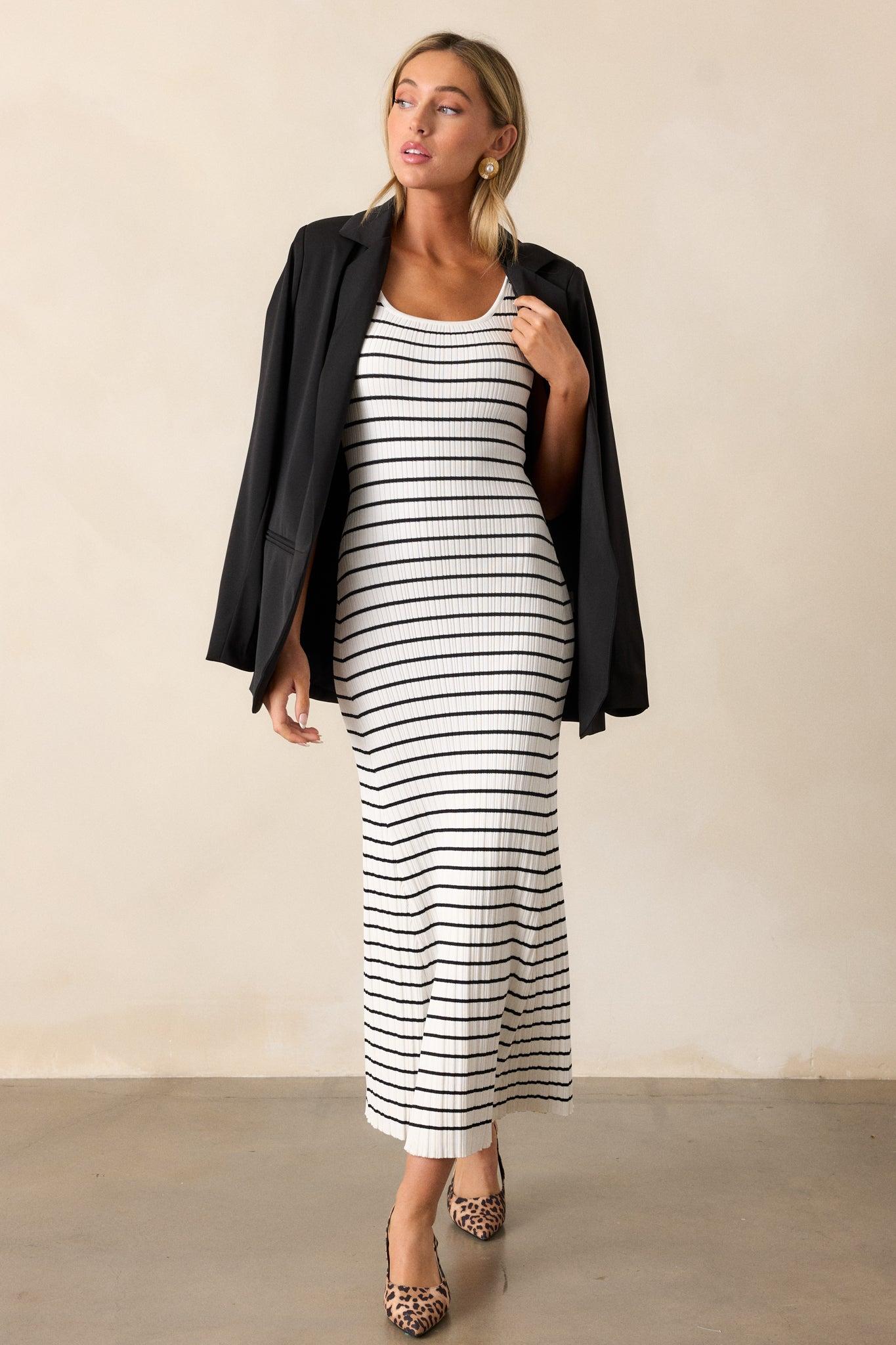 Classic Rhythm White Stripe Ribbed Maxi Dress Product Image