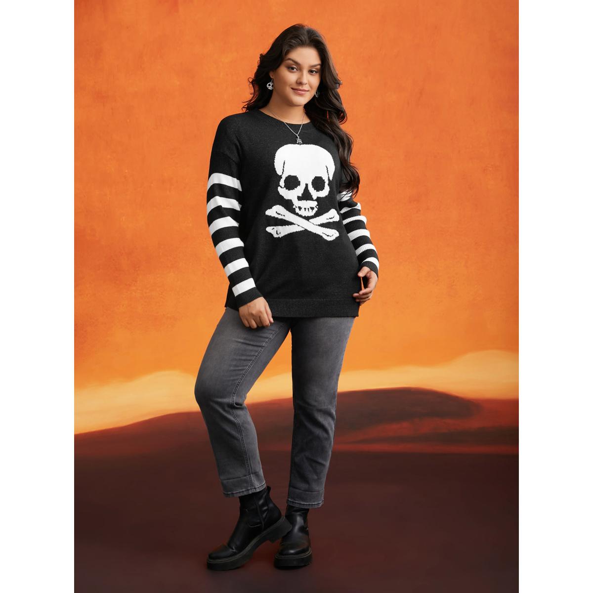 Plus Size Supersoft Essentials Gothic Skull Striped Sleeves Pullover Black Women Casual Loose Long Sleeve Round Neck Everyday Pullovers BloomChic 14-16/1X Product Image