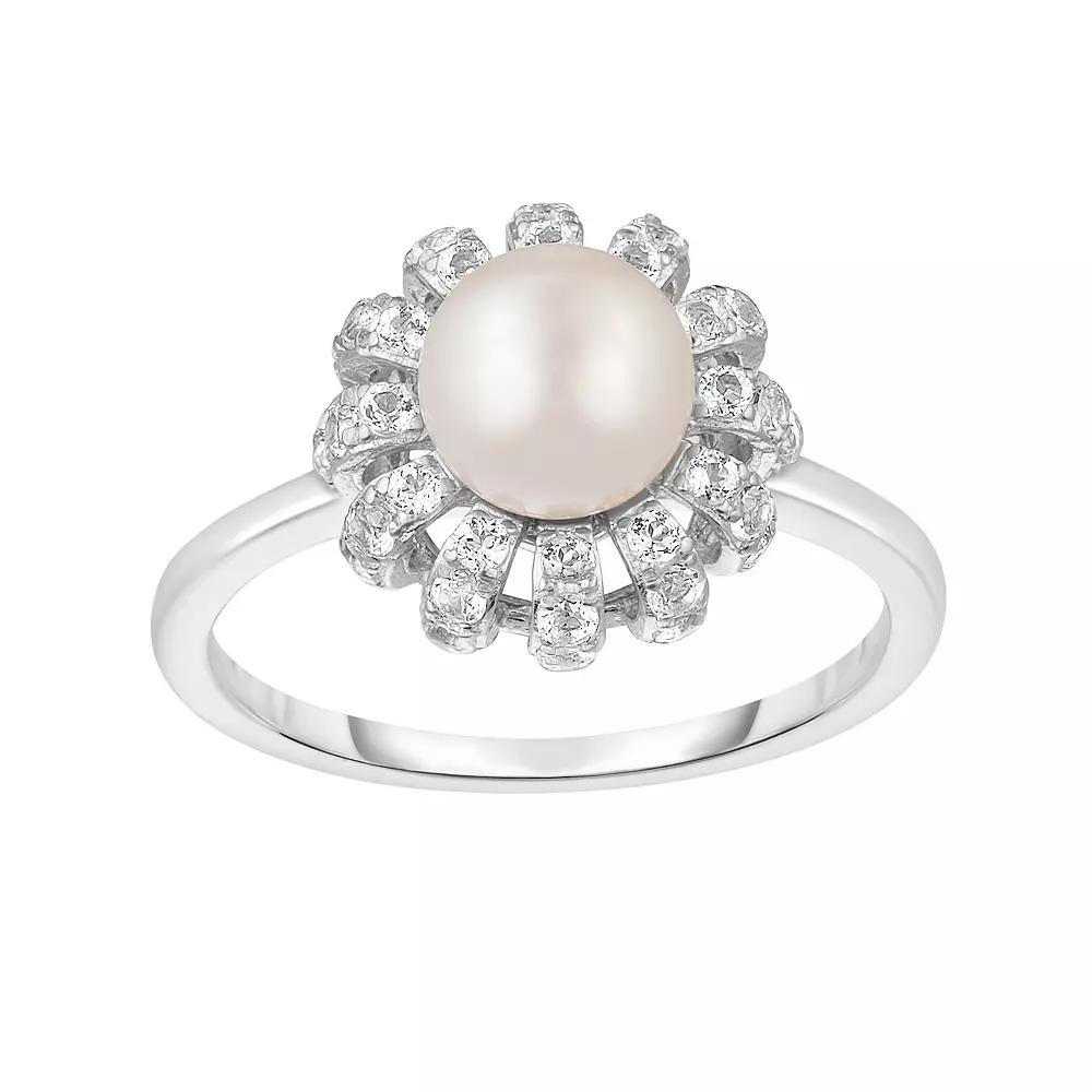 Oro Leoni Sterling Silver Freshwater Cultured Pearl & Lab Created White Sapphire Ring, Women's,  Product Image