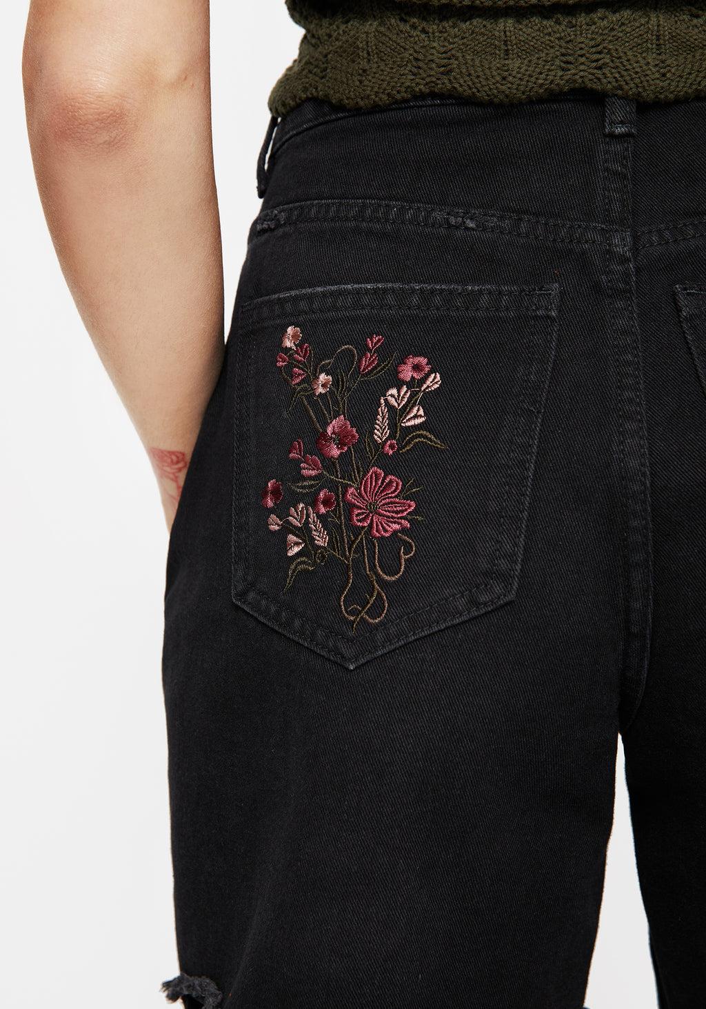 Aster Floral Embroidered Mid Length Denim Shorts Product Image