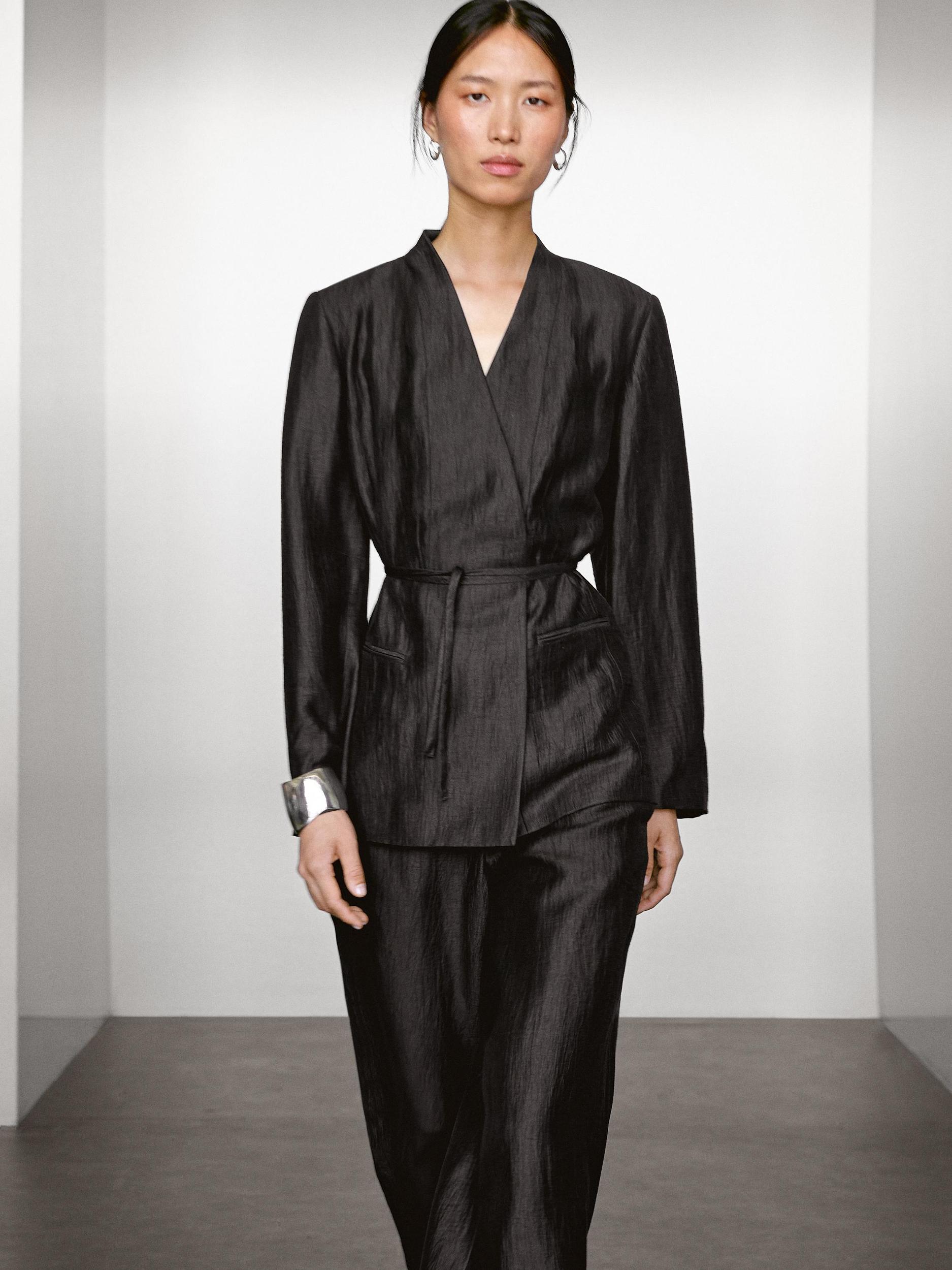 Linen blend palazzo trousers with darts Product Image