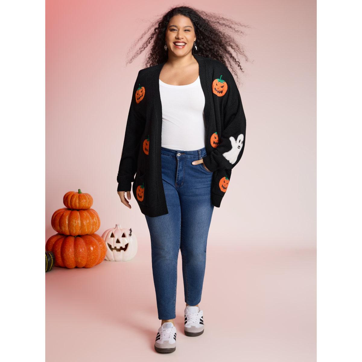 Plus Size Pumpkin Ghost Embroidery Open Cardigan Black Women Playful Loose Long Sleeve Casual Cardigans BloomChic 14-16/1X Product Image