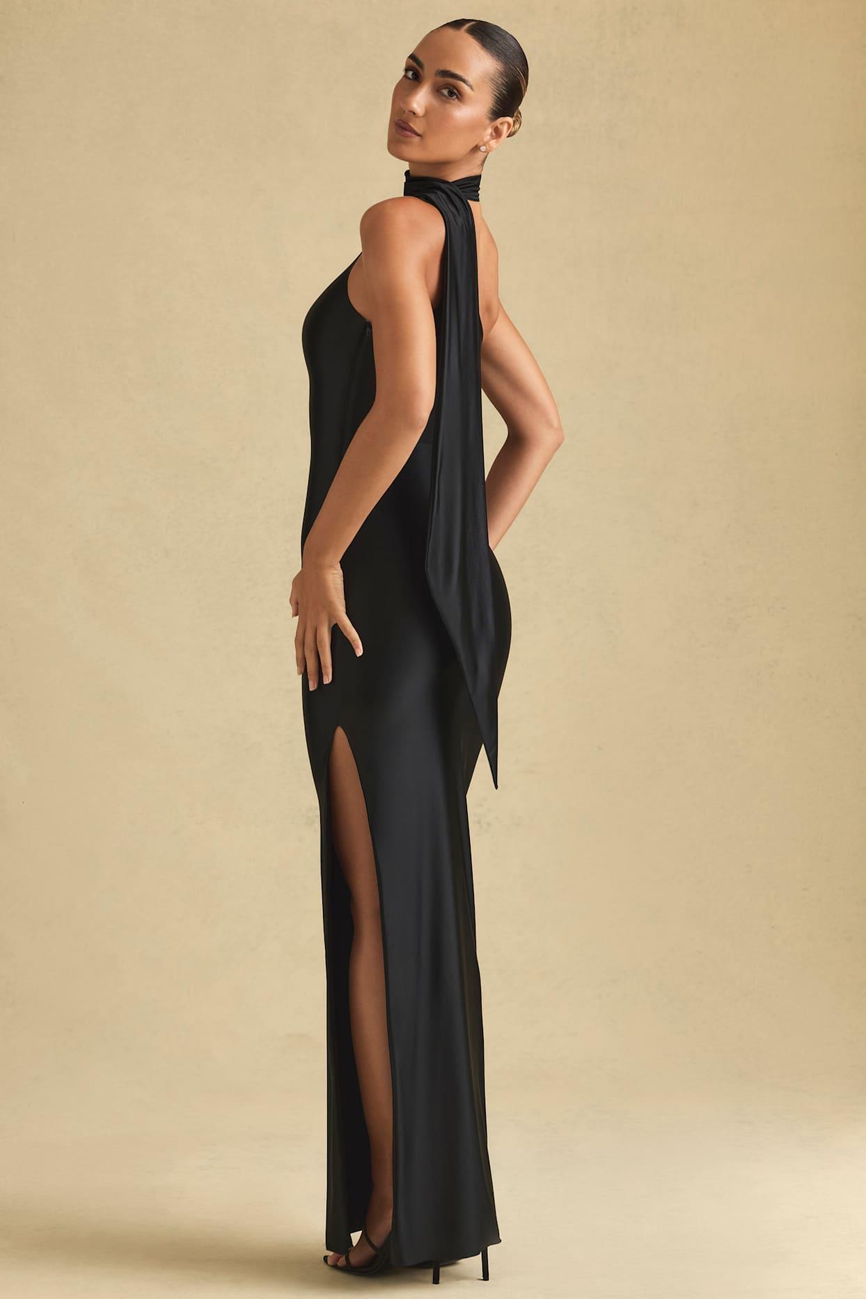 Asymmetric Scarf-Detail Maxi Dress in Black Product Image