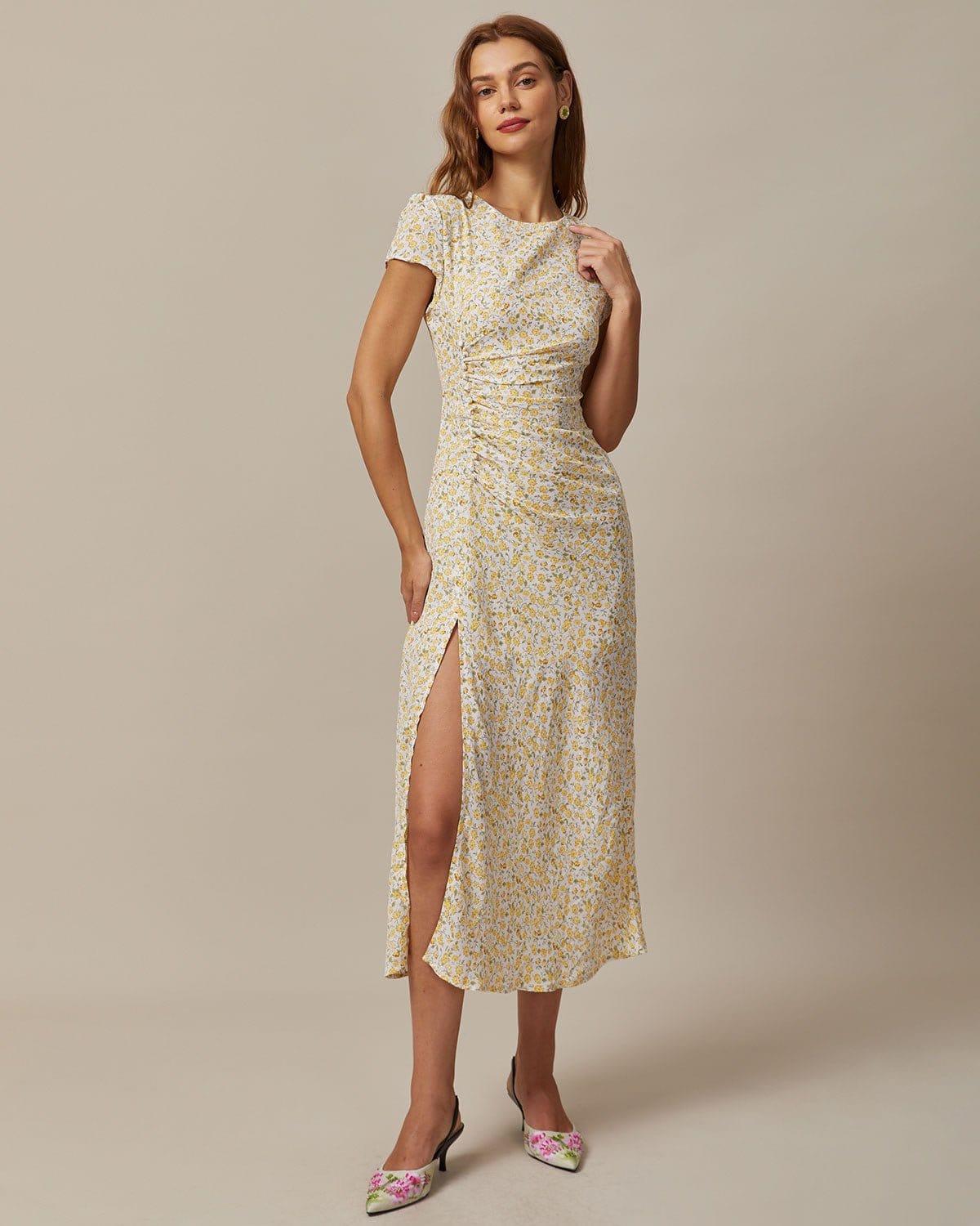 The Yellow Round Neck Floral Midi Dress Product Image