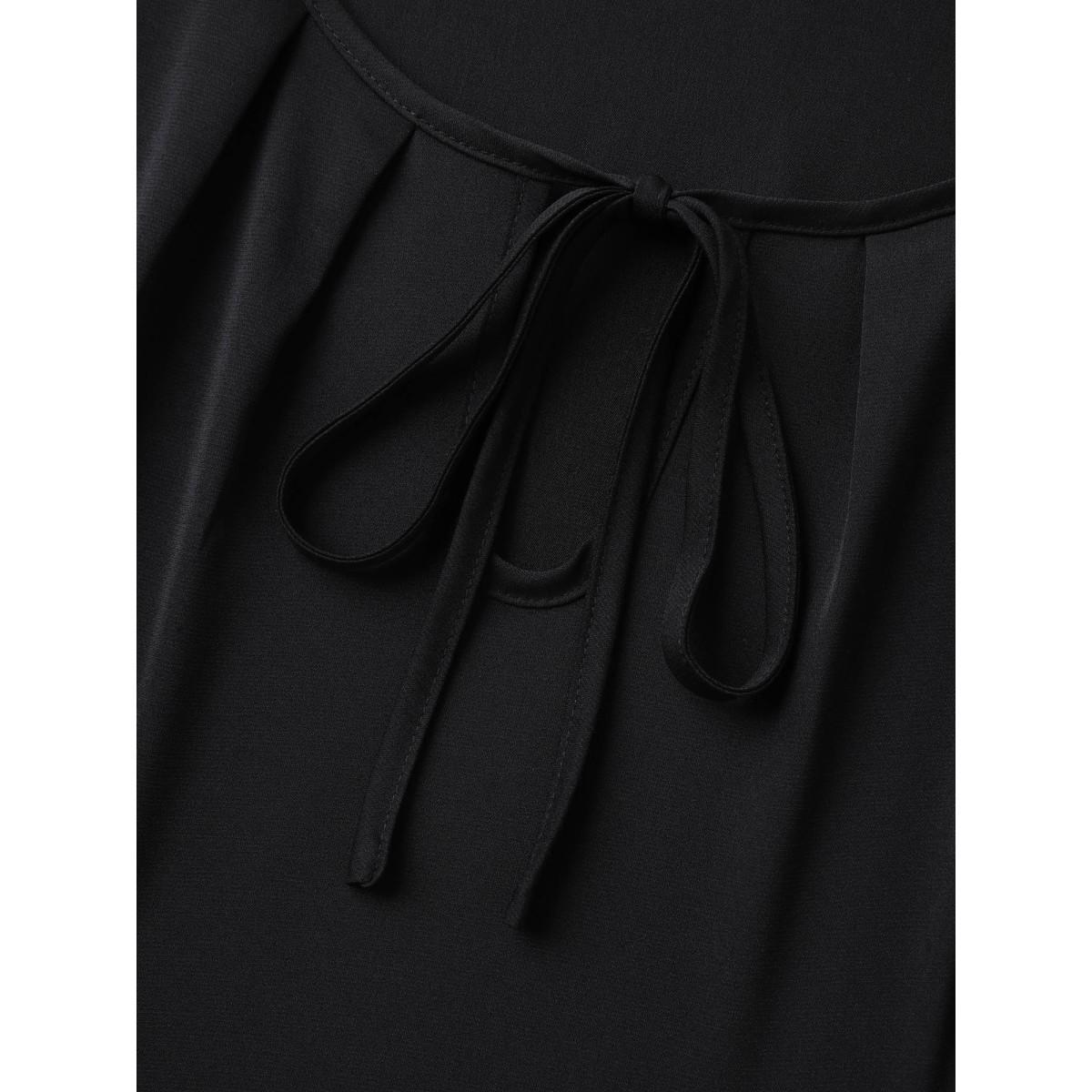 Plus Size Black Lace Sleeve Neck Tie Flared Blouse Women Elegant Elbow-length sleeve Round Neck Everyday Blouses BloomChic 18-20/2X Product Image