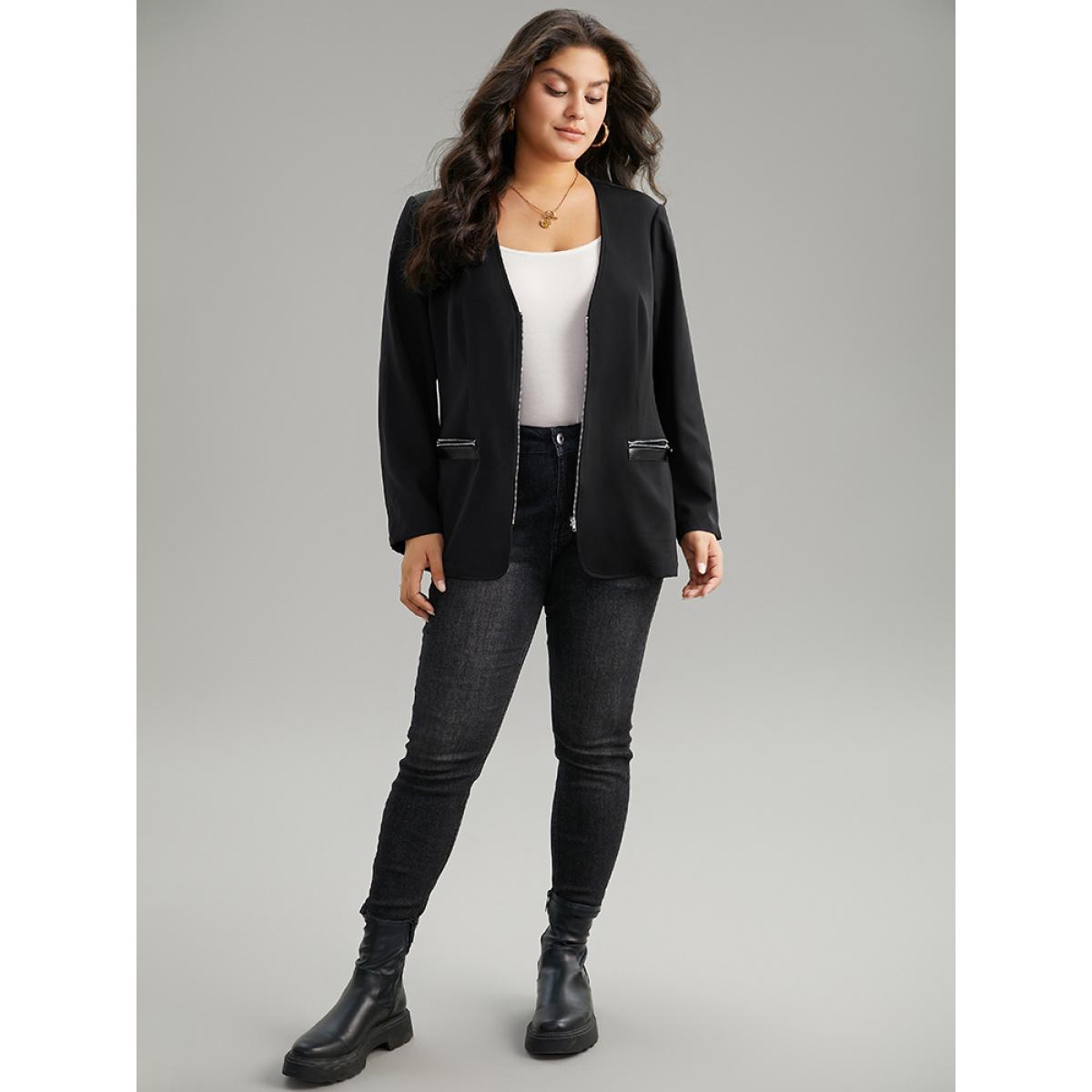 Plus Size Solid Zipper Fly Pocket Blazer Black Women Everyday Plain Plain Sleeve Long Sleeve Open Front 10/M Pocket Casual Blazers BloomChic Product Image