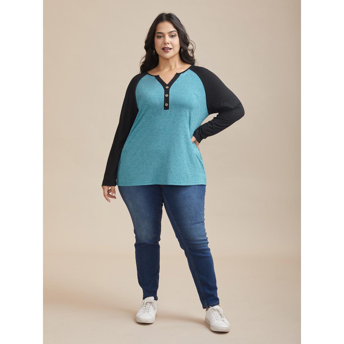 Plus Size Heather Patchwork Button Detail Stretchy T-Shirt Cerulean Women Casual Contrast Flat collar with V-notch Everyday T-shirts BloomChic 14-16/1X Product Image