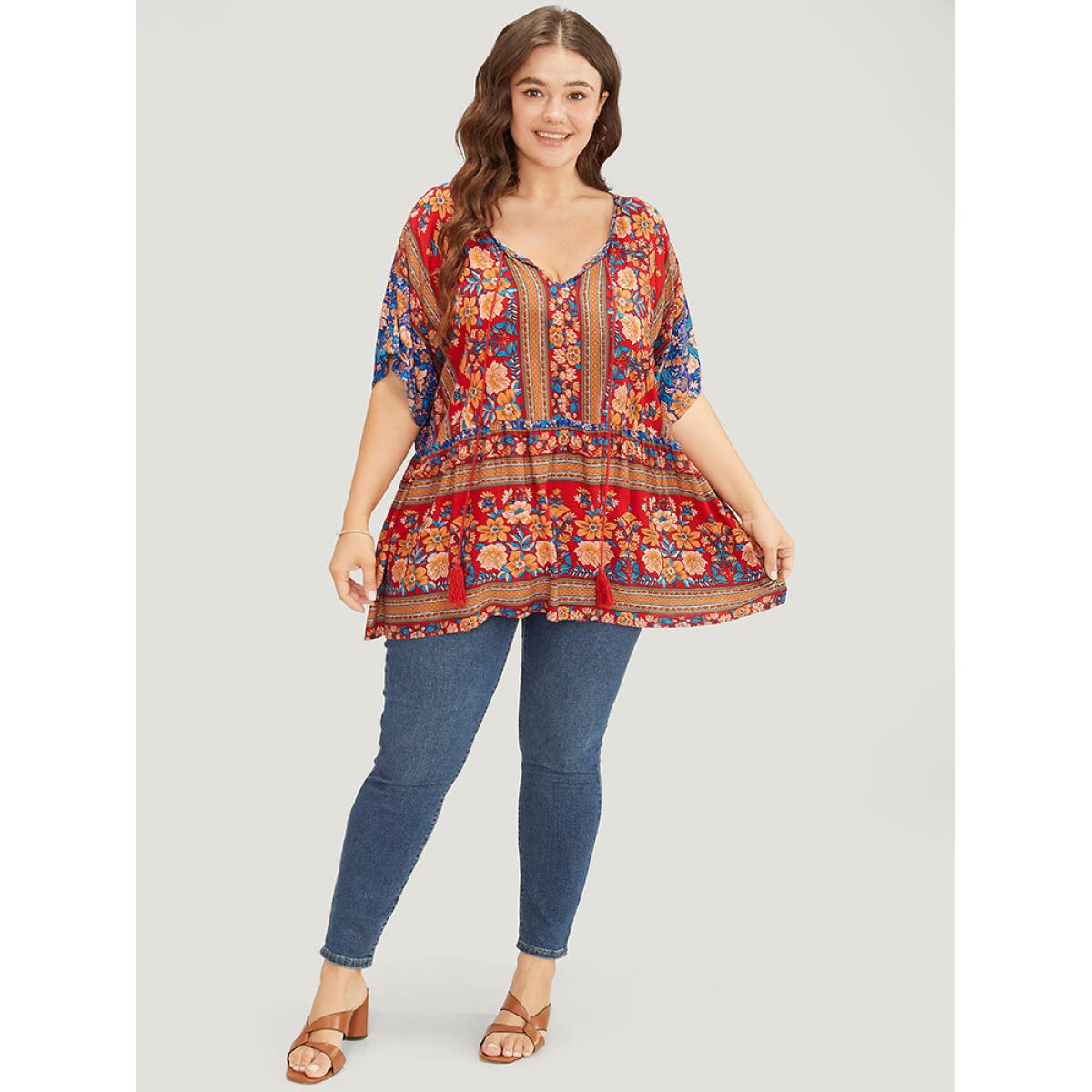 Plus Size Indigo Bandana Print Tie Neck Tassels Batwing Sleeve Blouse Women Vacation Short sleeve Tie Neck Dailywear Blouses BloomChic 10/M Product Image