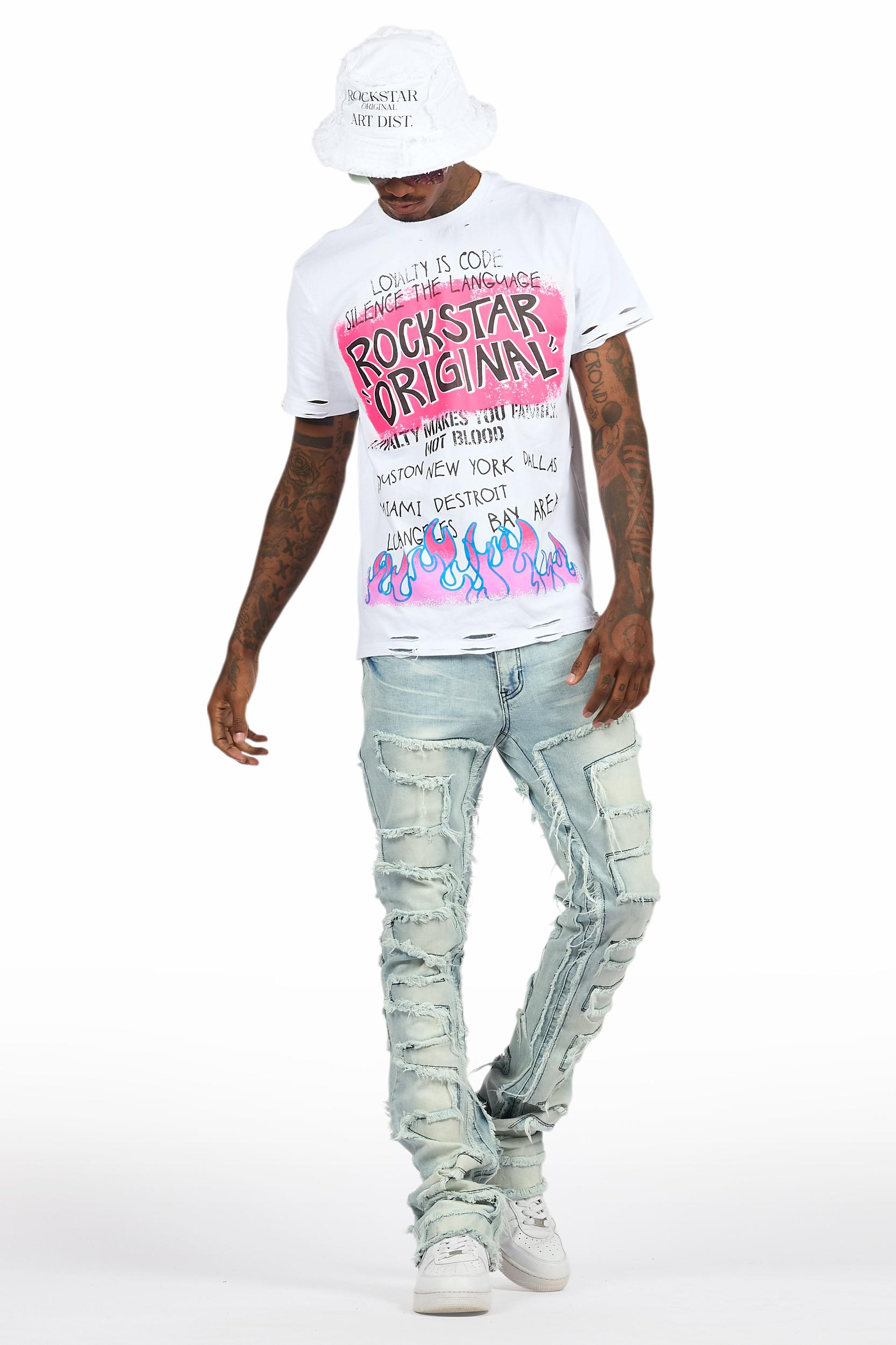 Beno White T-Shirt & Shake Blue Stacked Flare Jean Bundle Male Product Image