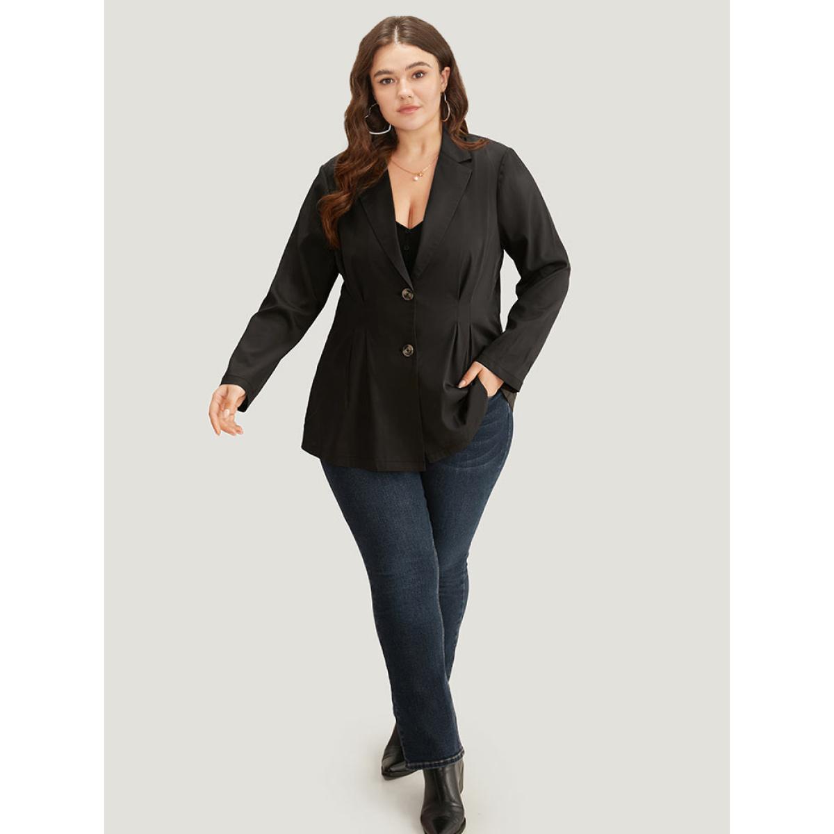 Plus Size Suit Collar Button Up Plicated Detail Blazer Black Women Dailywear Plain Plain Sleeve Long Sleeve Suit Collar 10/M Casual Blazers BloomChic Product Image