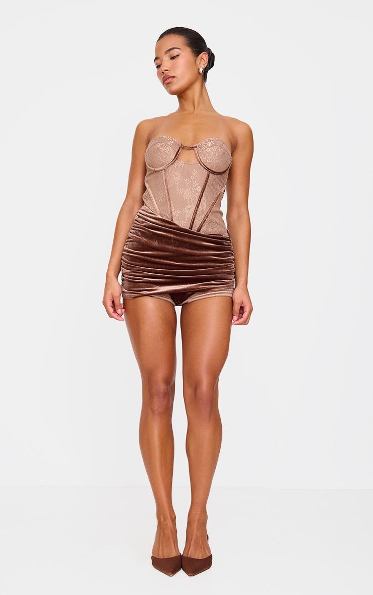 Chocolate Contrast Lace Velvet Wrap Detail Skort Romper Product Image