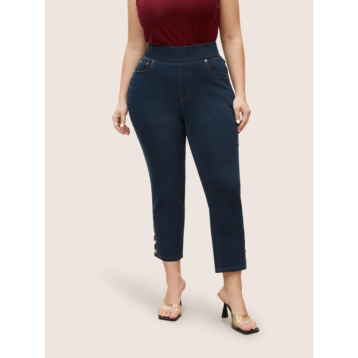 Plus Size Black Wash Button Detail Elastic Wais Slim Jeans Women Denimindigo Elegant Plain Non High stretch Pocket Jeans BloomChic 30/6X Product Image