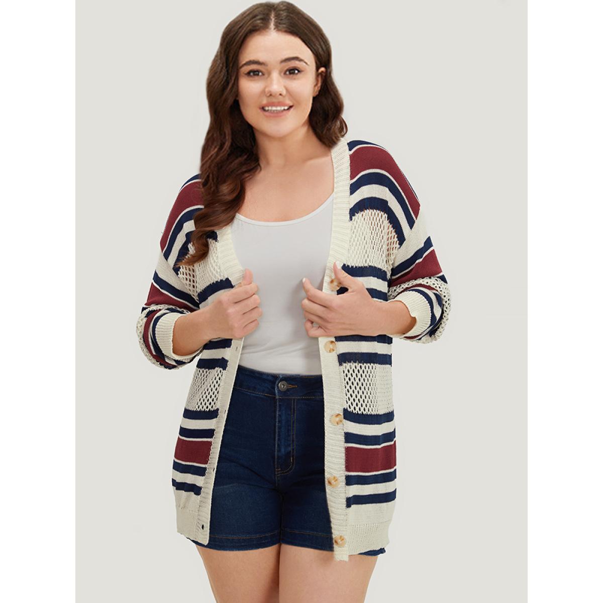 Plus Size Striped Hollow Out Patchwork Button Detail Cardigan Beige Women Casual Loose Long Sleeve Everyday Cardigans BloomChic 14-16/1X Product Image