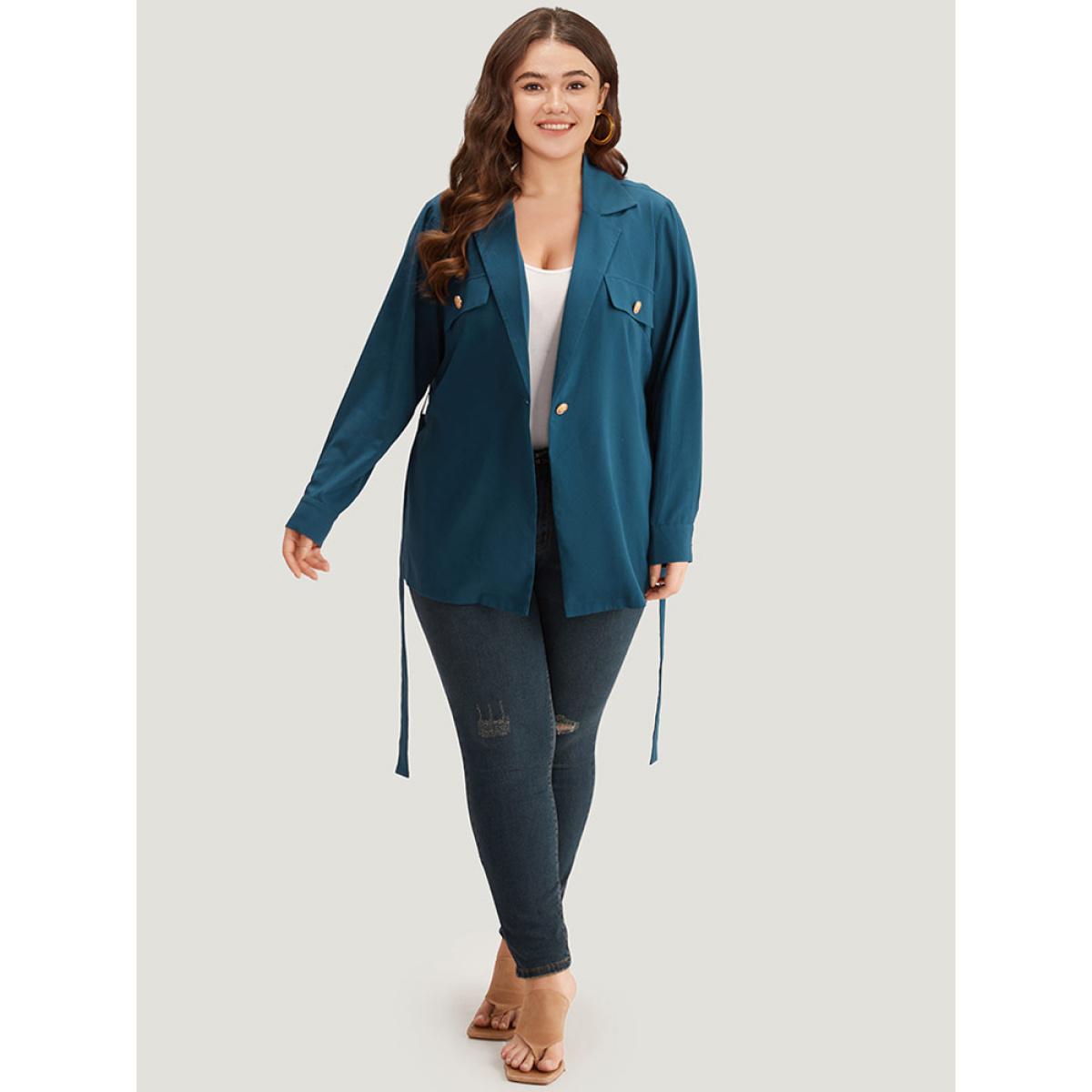 Plus Size Plain Lapel Collar Belted Metal Detail Blazer Cyan Women Dailywear Plain Plain Sleeve Long Sleeve Lapel Collar 28/5X Belt Casual Blazers BloomChic Product Image
