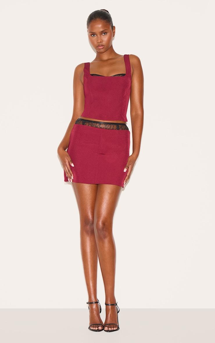 Burgundy Lace Waist Detail Woven Belted Mini Skirt Product Image
