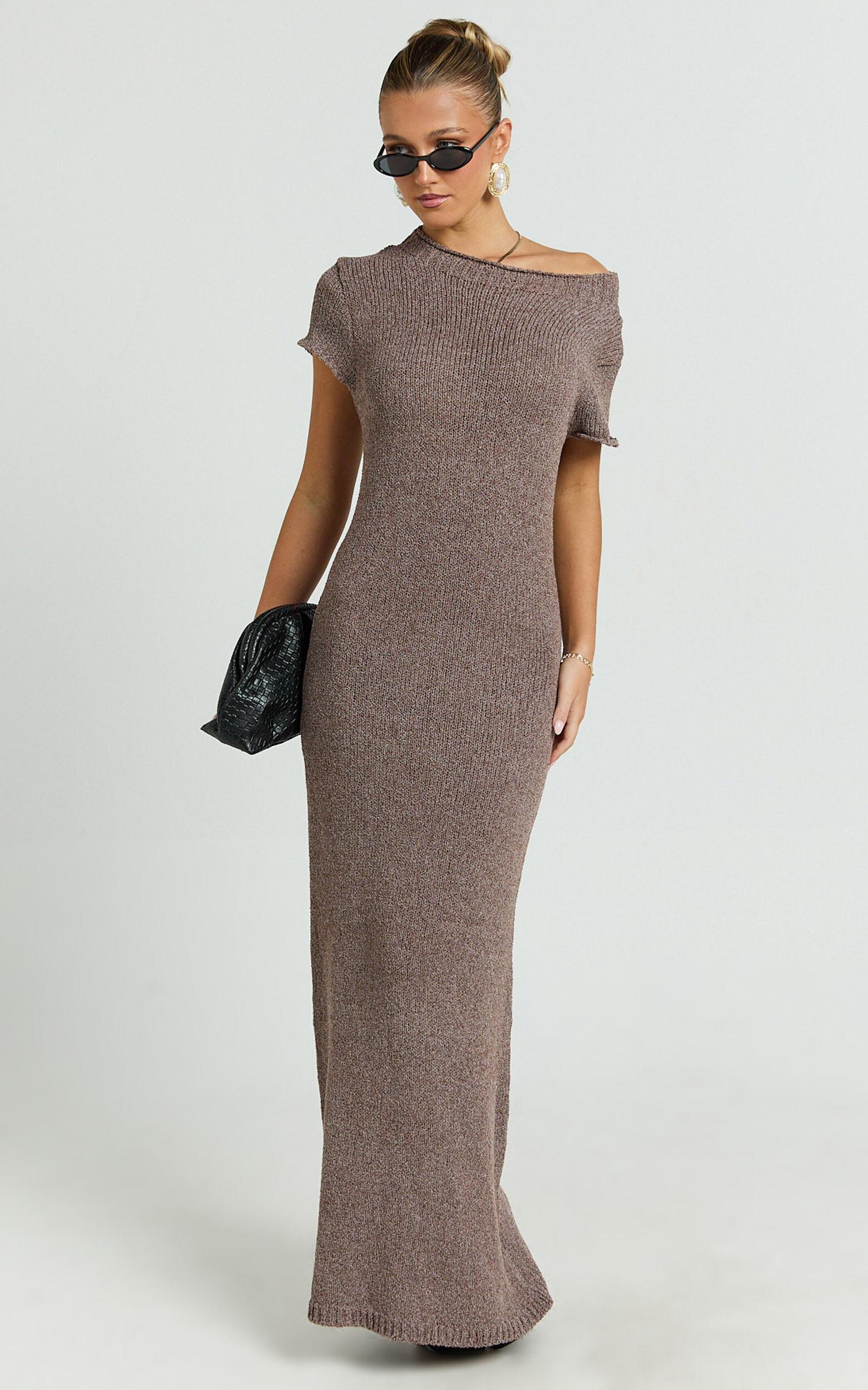 Amber Maxi Dress - Knitted T-Shirt Dress in Brown Product Image