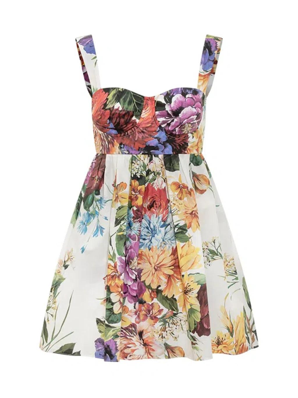 DOLCE & GABBANA Multicolor Sleeveless Dress With Bustier Style Neckline And All-over Floral Print In Cotton Woman Product Image