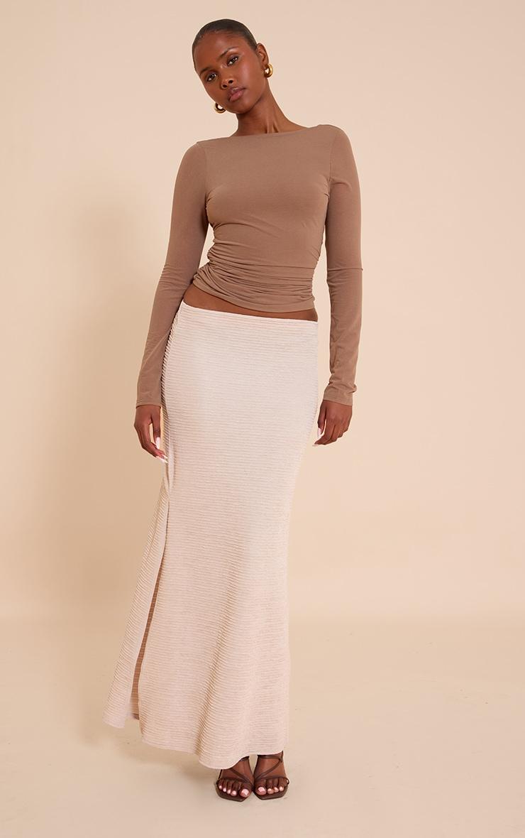 Mocha Stretch Chiffon Cowl Back Long Sleeve Top Product Image