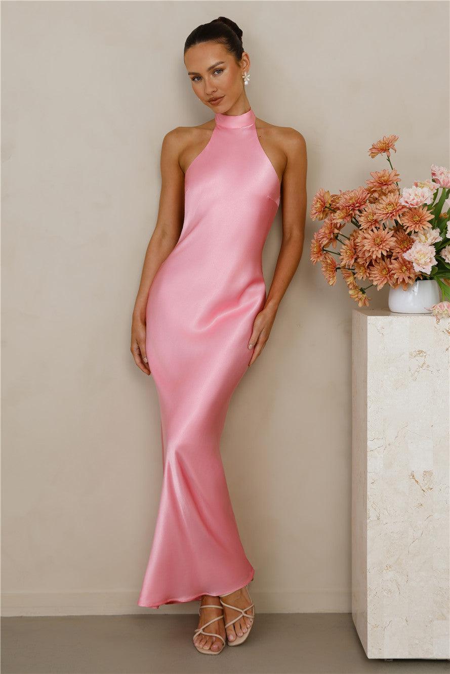 The Cleo Halter Satin Maxi Dress Candy Product Image