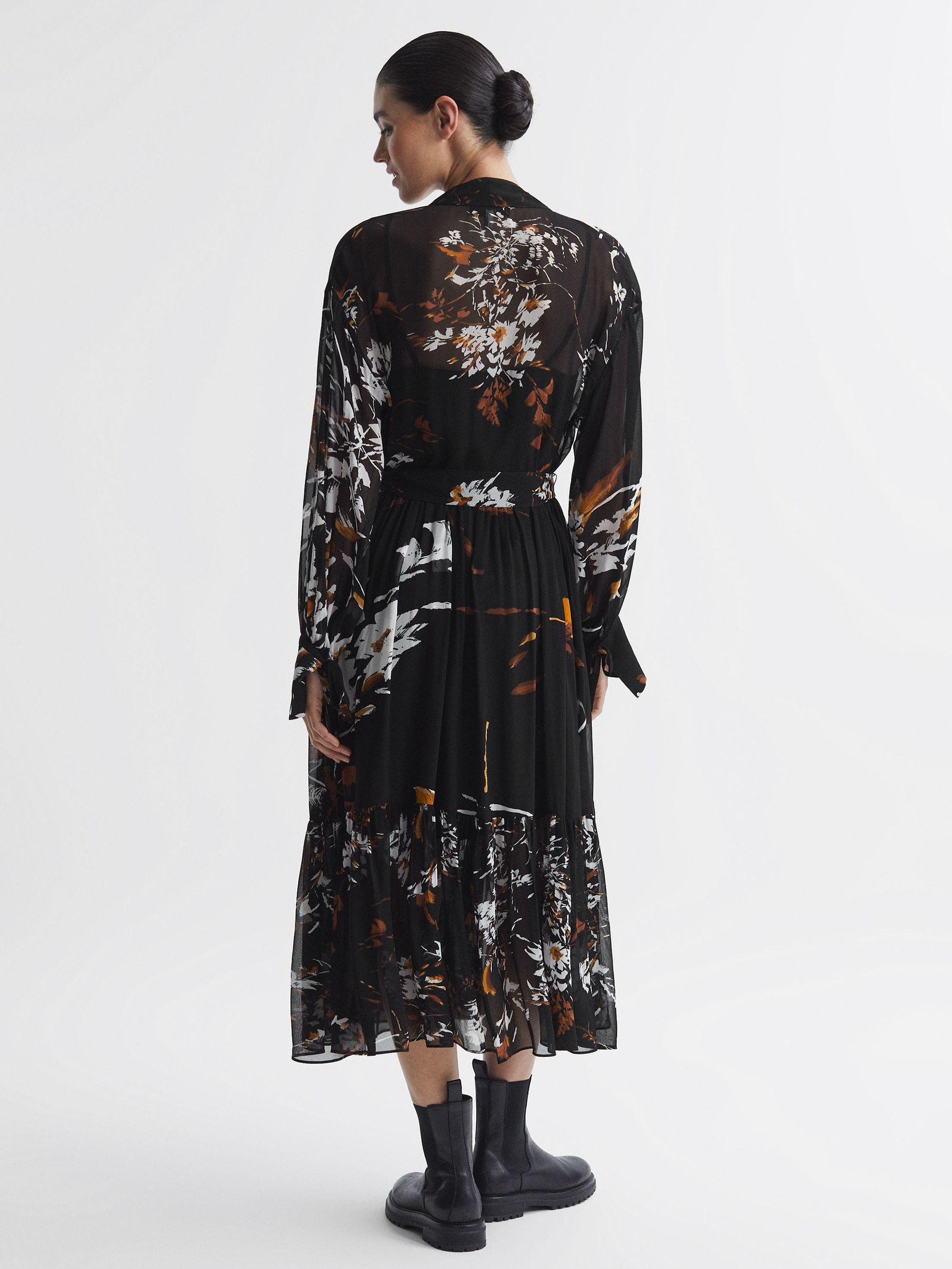 Floral Neck Tie Midi Dress in Black/Brown Product Image