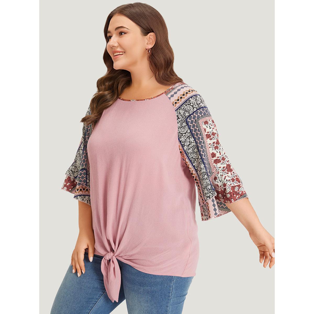 Plus Size DustyPink Bandana Patchwork Knotted Bell Sleeve Blouse Women Elegant Elbow-length sleeve Round Neck Dailywear Blouses BloomChic 30/6X Product Image