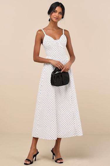 Veris White Polka Dot Bustier Midi Dress Product Image