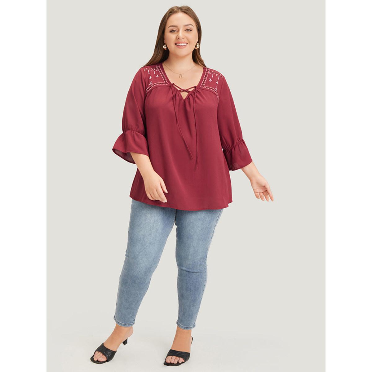 Plus Size Burgundy Plain Embroidered Lace Up Bell Sleeve Blouse Women Vacation Elbow-length sleeve V-neck Dailywear Blouses BloomChic 18-20/2X Product Image