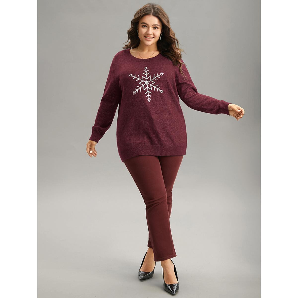 Plus Size Anti-Pilling Sequin Snowflake Round Neck Pullover Burgundy Women Casual Loose Long Sleeve Round Neck Festival-Christmas Pullovers BloomChic 18-20/2X Product Image