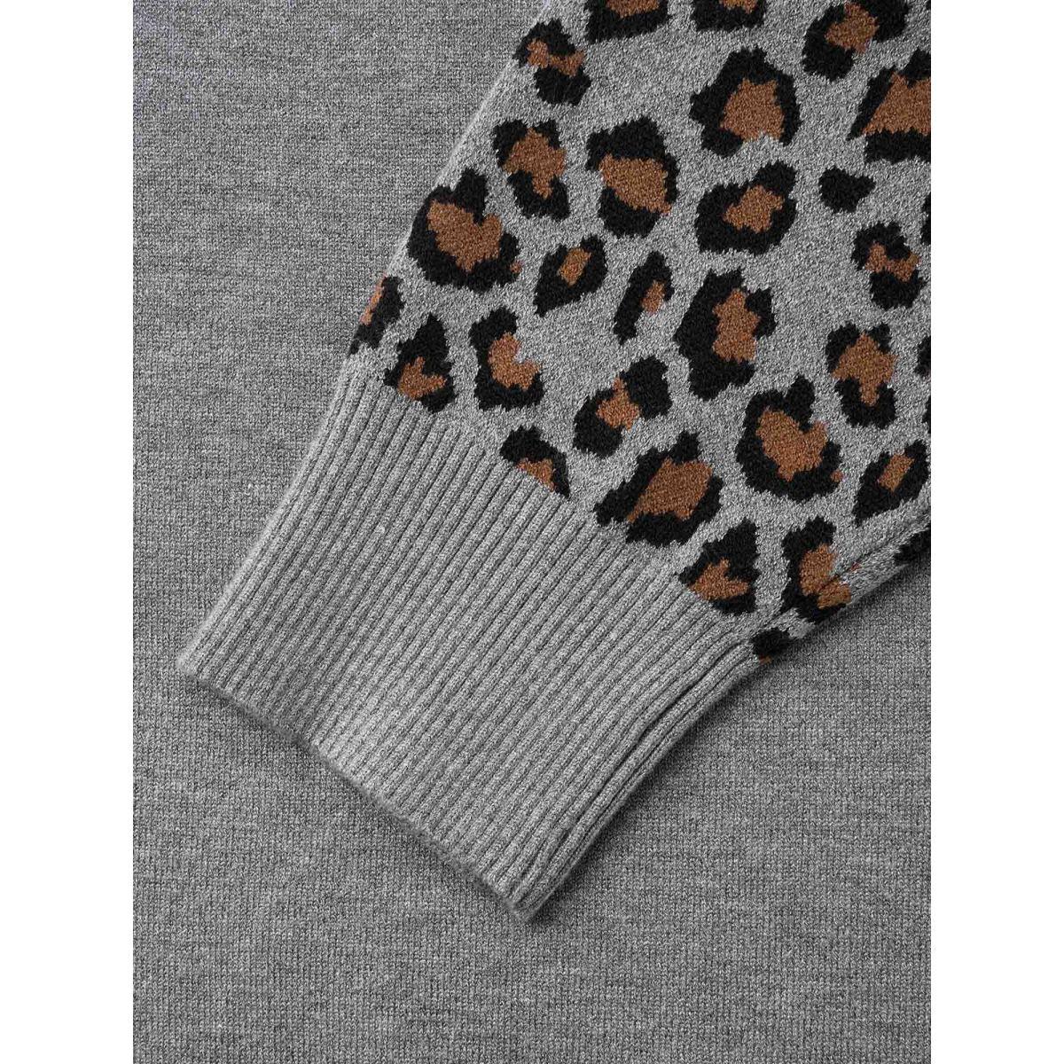 Plus Size Leopard Print Raglan Sleeve Pullover DarkGray Women Casual Loose Long Sleeve Round Neck Everyday Pullovers BloomChic 22-24/3X Product Image