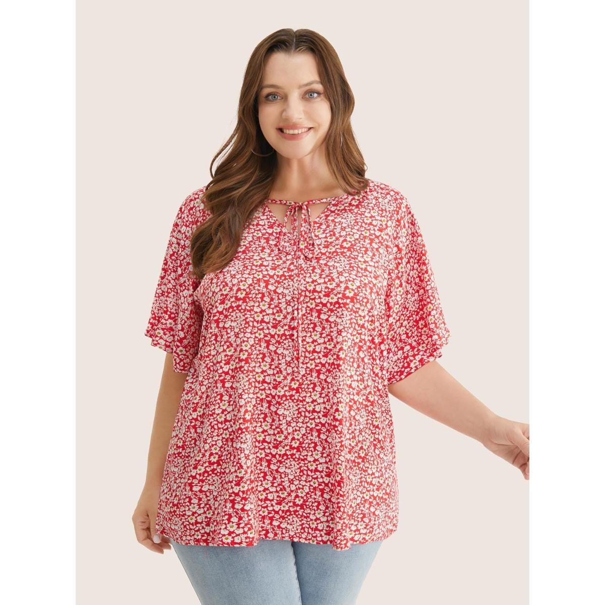 Plus Size Crimson Ditsy Floral Ruffle Sleeve Tie Neck Blouse Women Elegant Short sleeve V-neck Everyday Blouses BloomChic 10/M Product Image